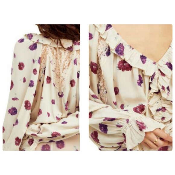 Intimately Free People Floral Print Ruffle Lace Bodysuit Blouse Long Sleeves - Picture 2 of 16